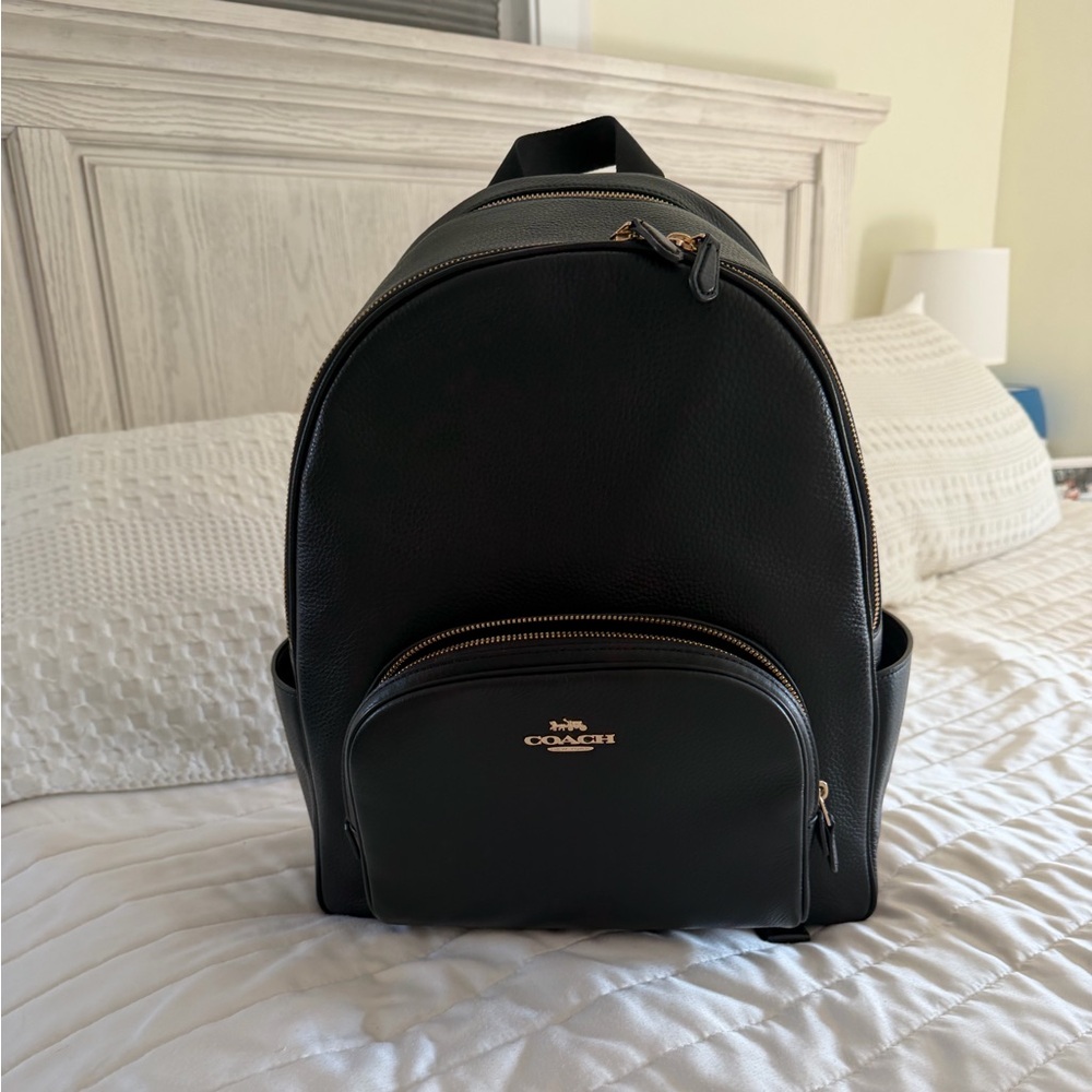 Coach  Large Black Leather Backpack with Gold Accents